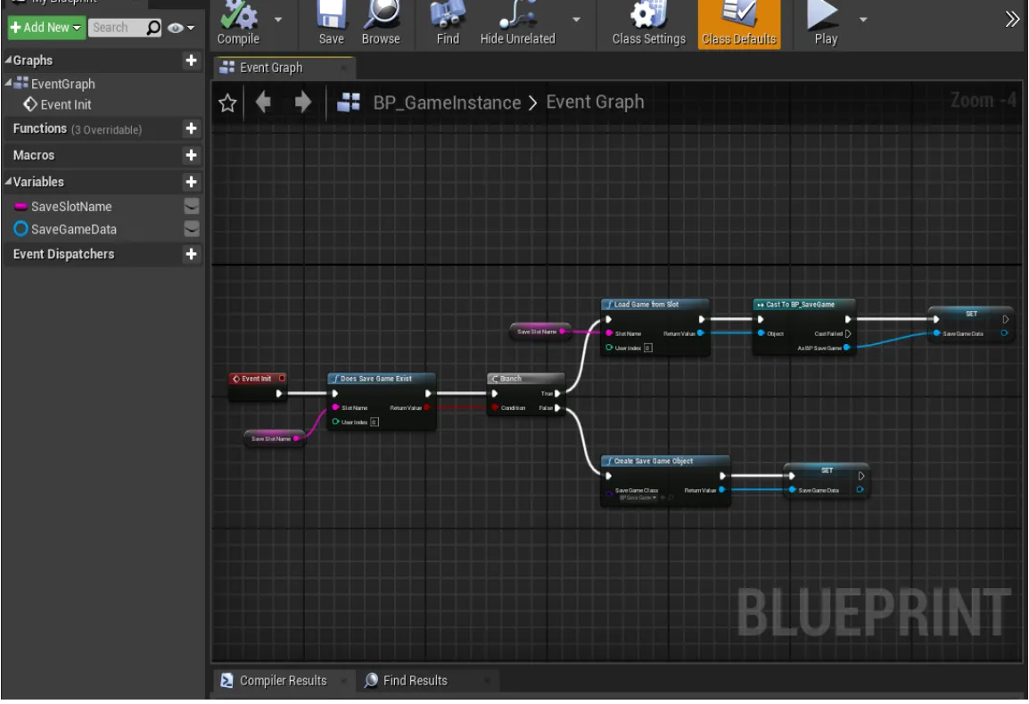 Blueprint: GameInstance holds SaveSlotName and SaveGameData reference