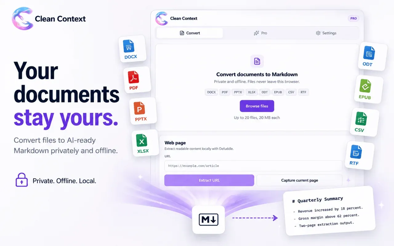 Clean Context conversion screen with supported file formats and web page extraction