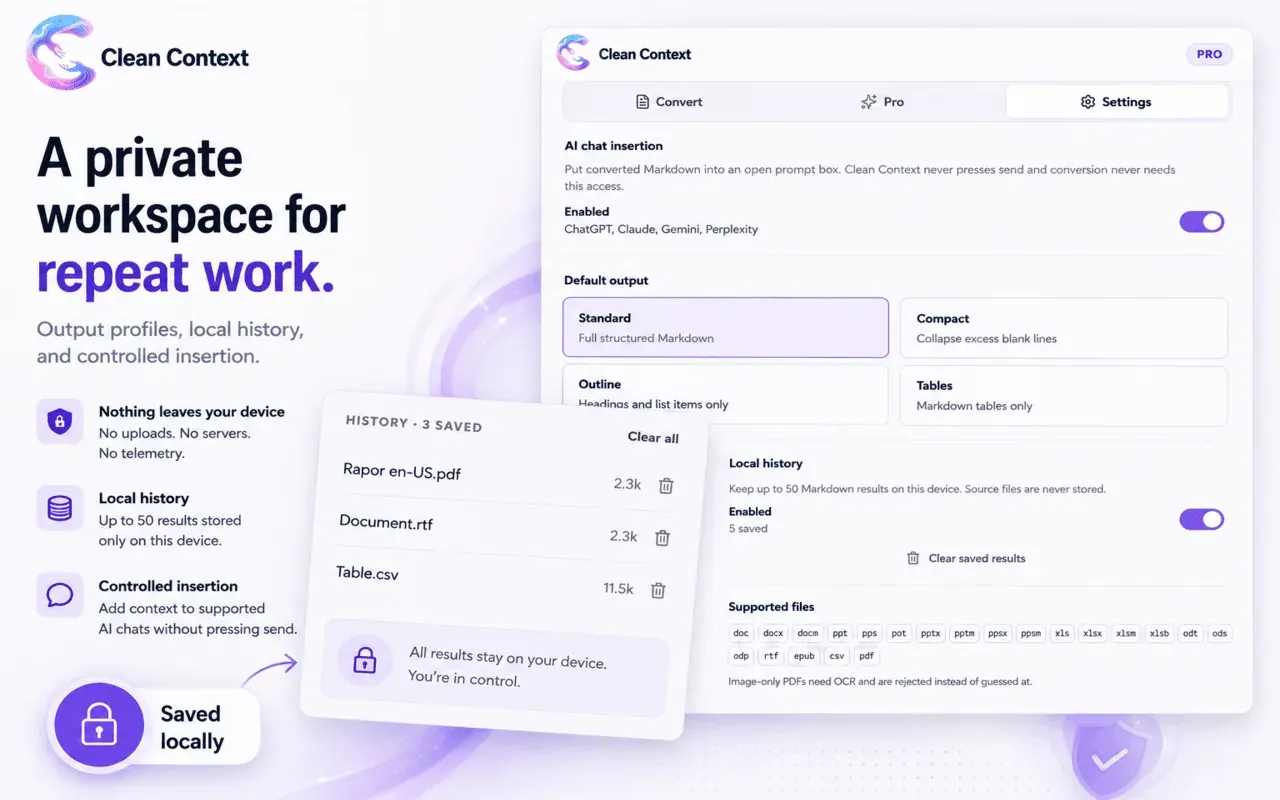 Clean Context settings showing output profiles, local history, and AI chat insertion