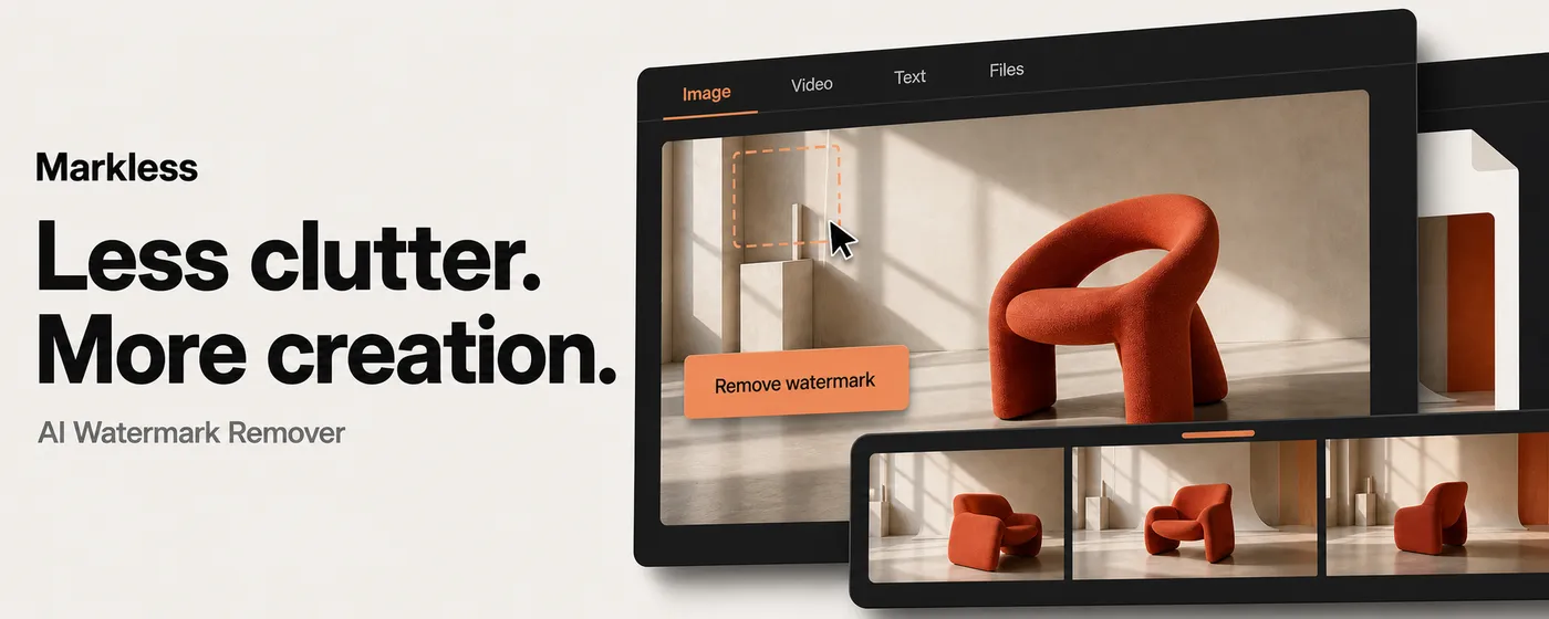 Markless promo banner: Less clutter. More creation. AI Watermark Remover