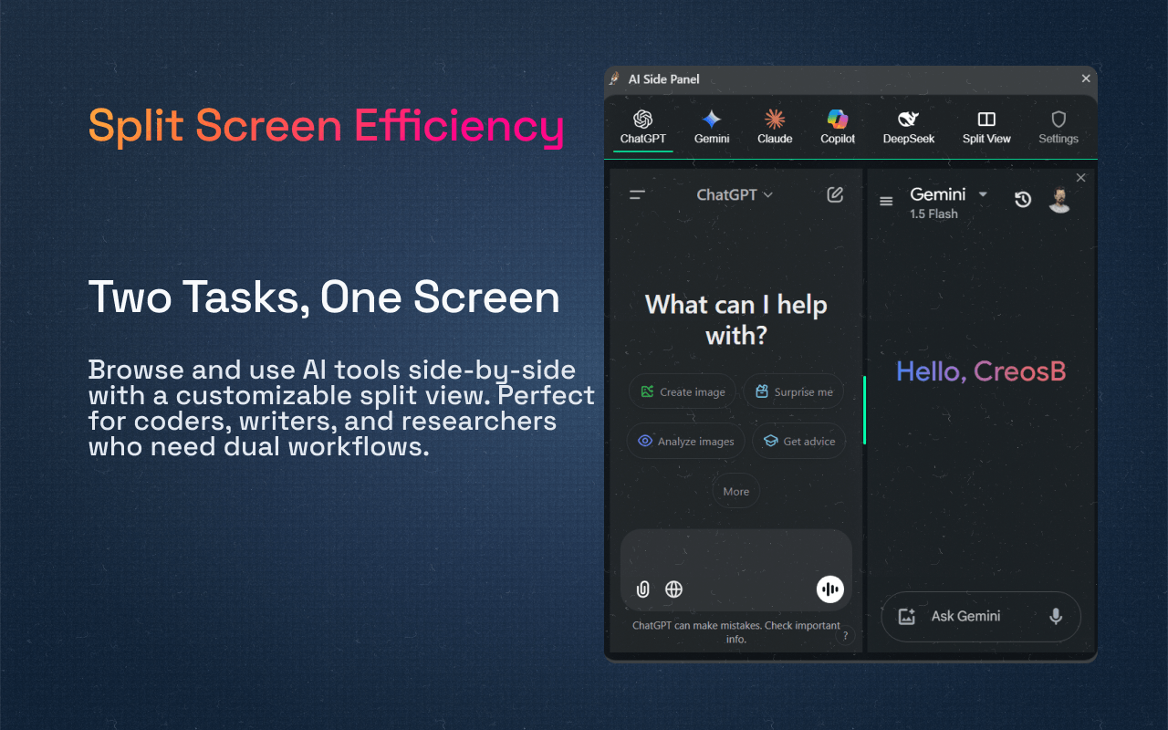 AI Side Panel with split-screen view
