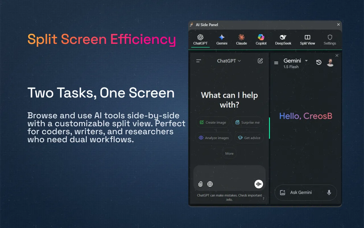 AI Side Panel app split-view comparison